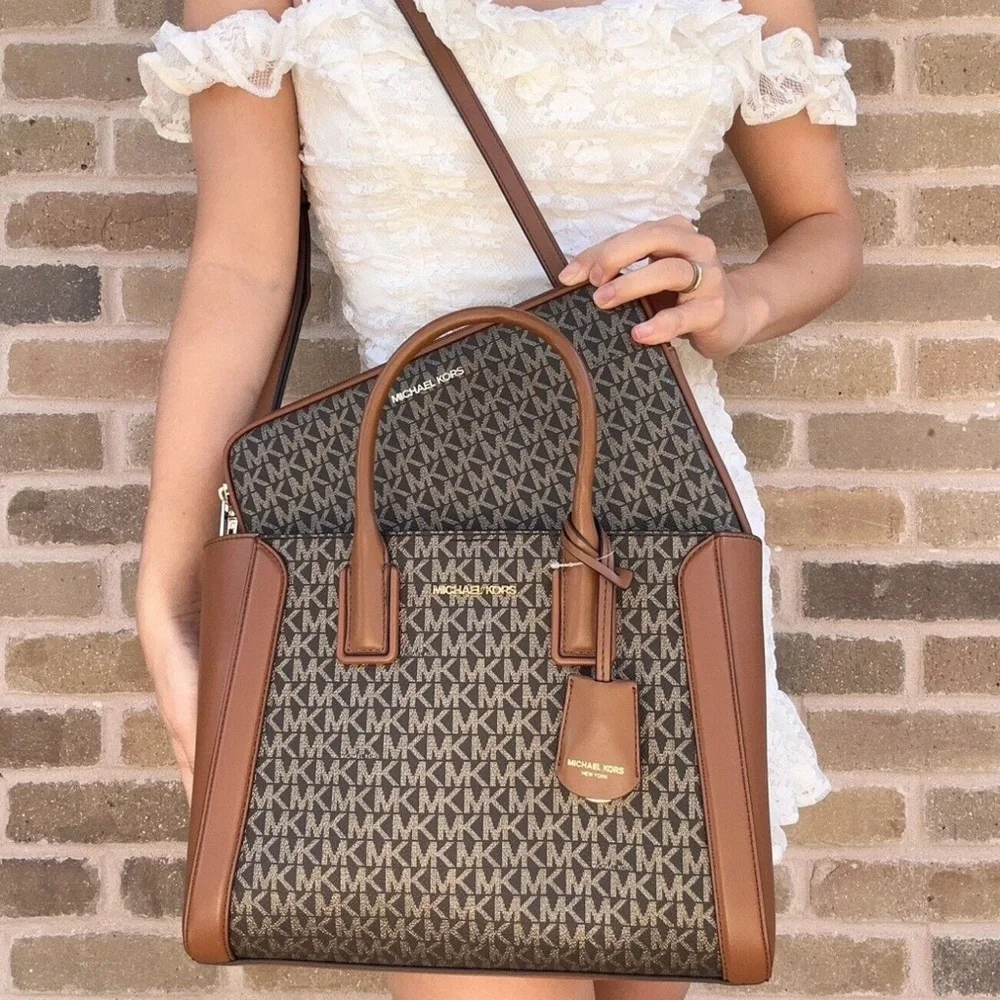 Michael Kors Kali Medium Satchel Crossbody + Ipad Case Brown Gold MK - Picture 1 of 8